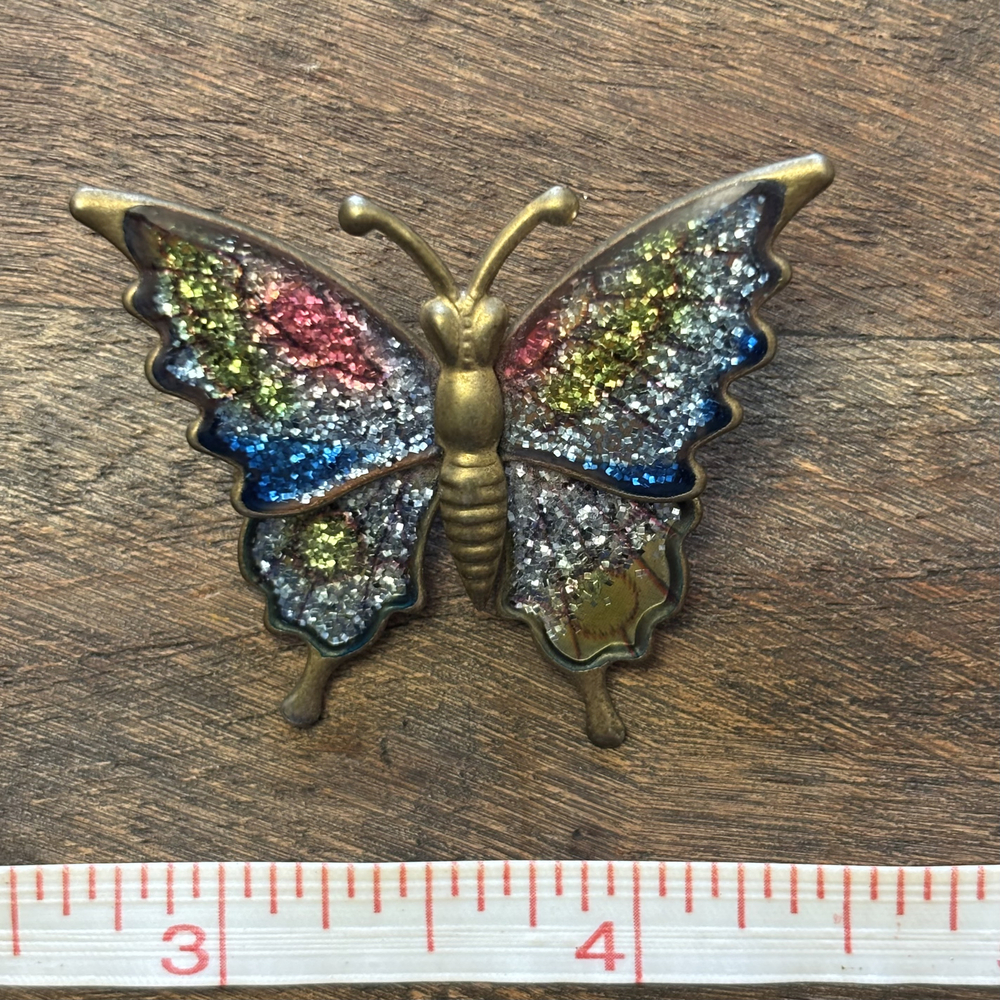 Faux Glitter Butterfly Bug Brooch Antiqued Brass Tone
